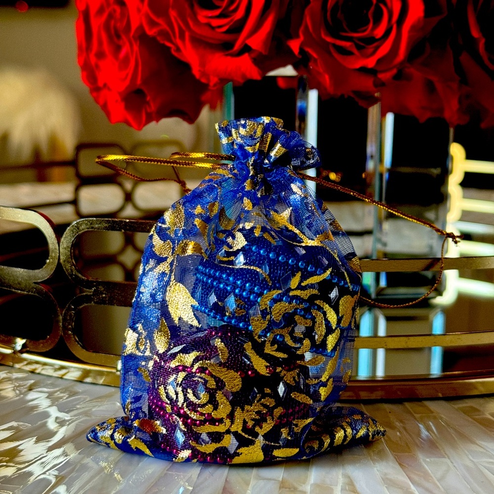 Royal blue and gold organza favor bags. Set of 44 bags. 4”x3”